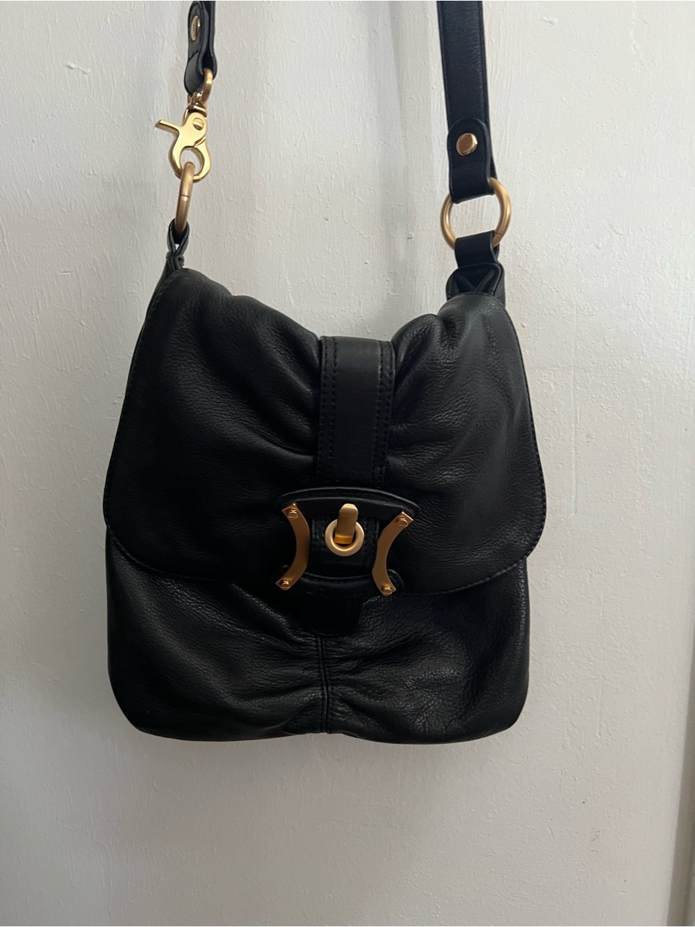 b. makowsky Black Leather Crossbody with Gold Hardware Accent
